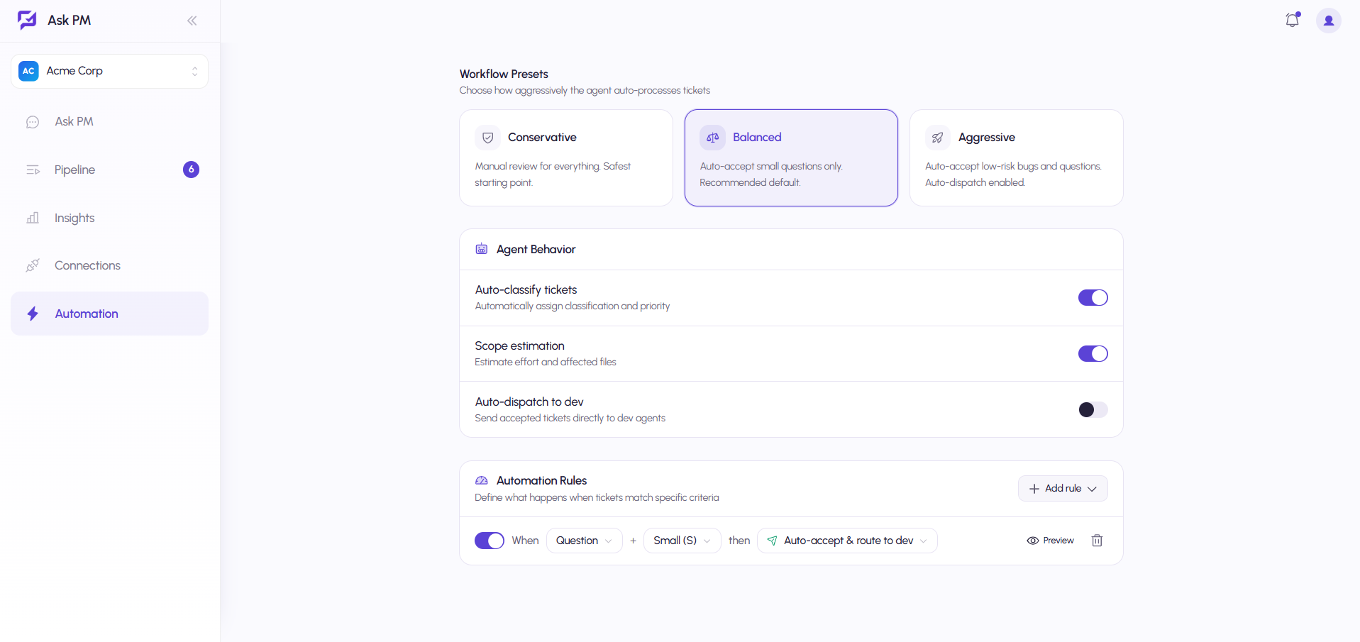 Ask PM workflow presets and automation rules