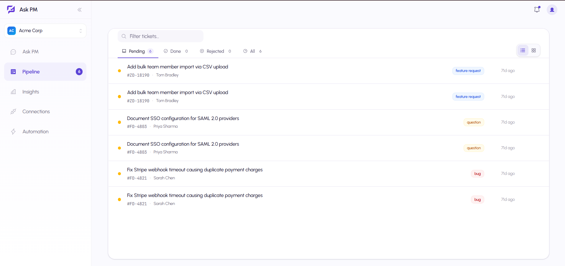 Ask PM ticket pipeline prototype with status and category visibility