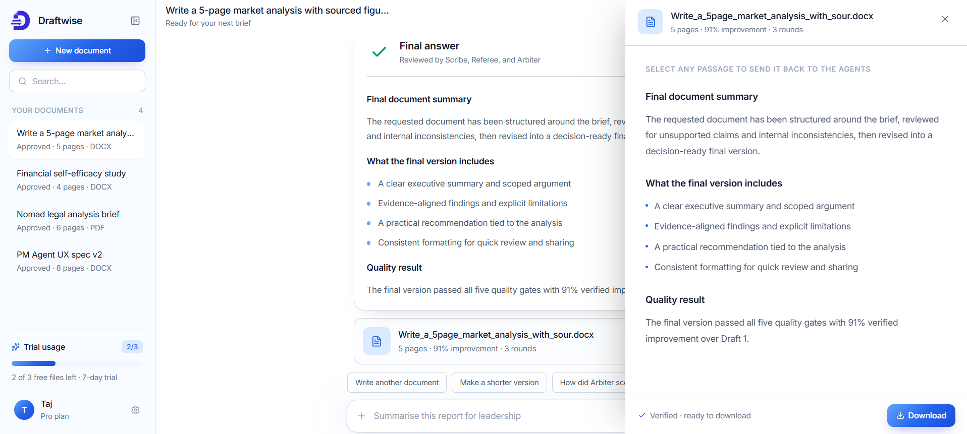 Draftwise verified document summary and download panel