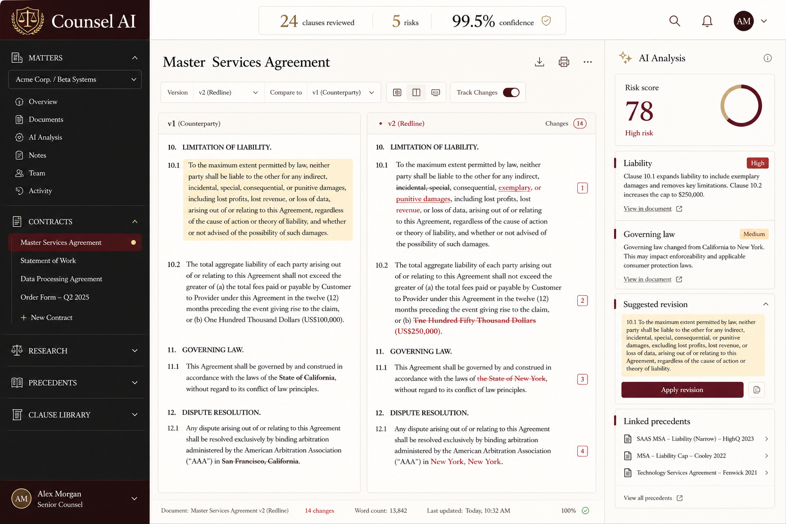 Counsel AI contract review and redlining workspace