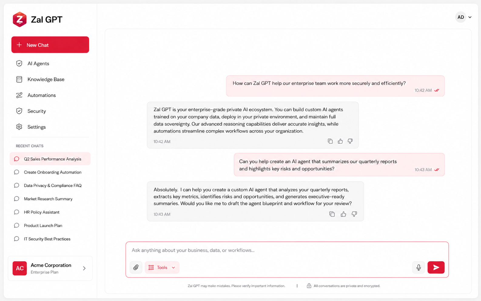 Zal GPT private enterprise AI chat dashboard