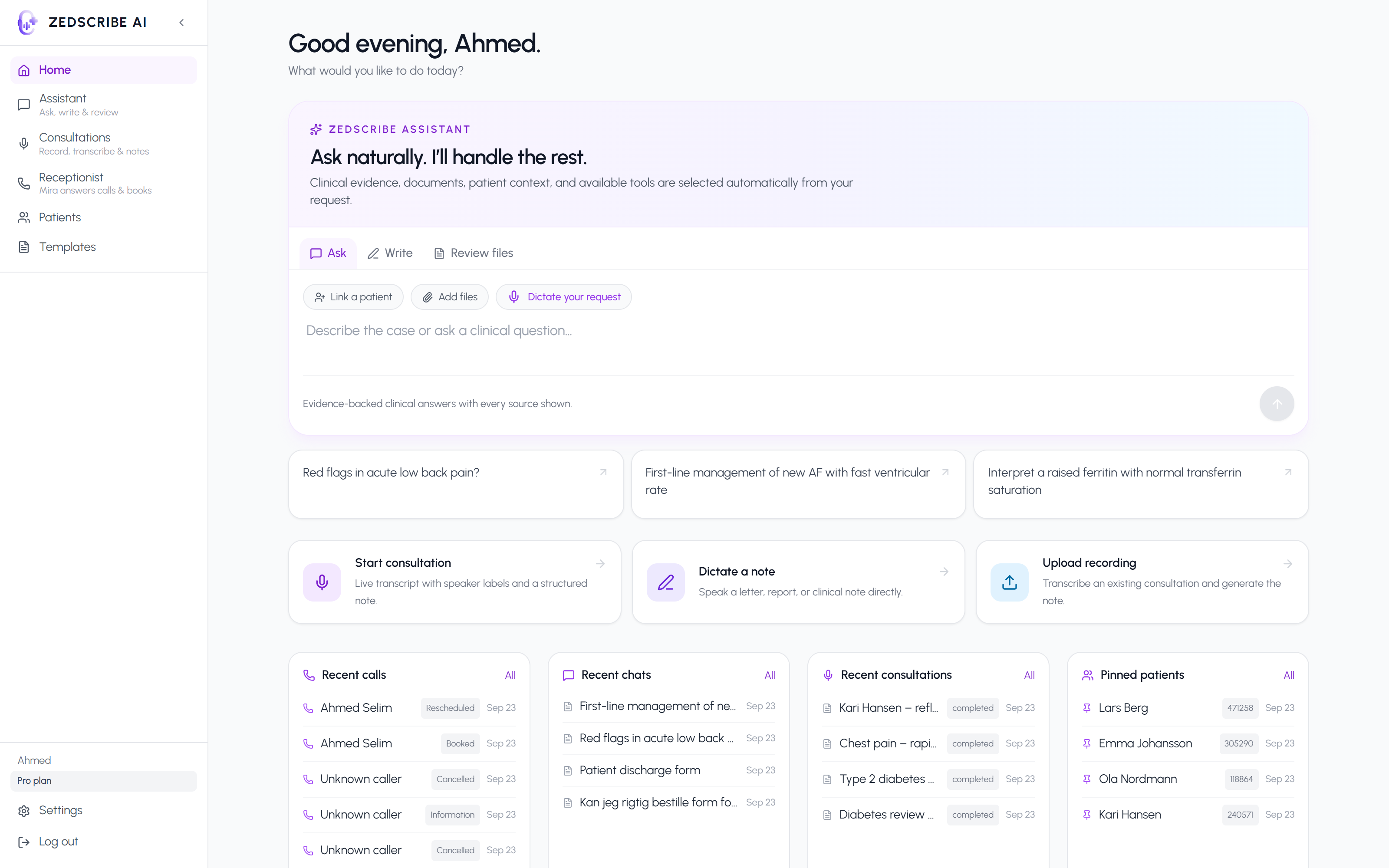 Zedscribe AI workspace for generating and reviewing clinical documentation