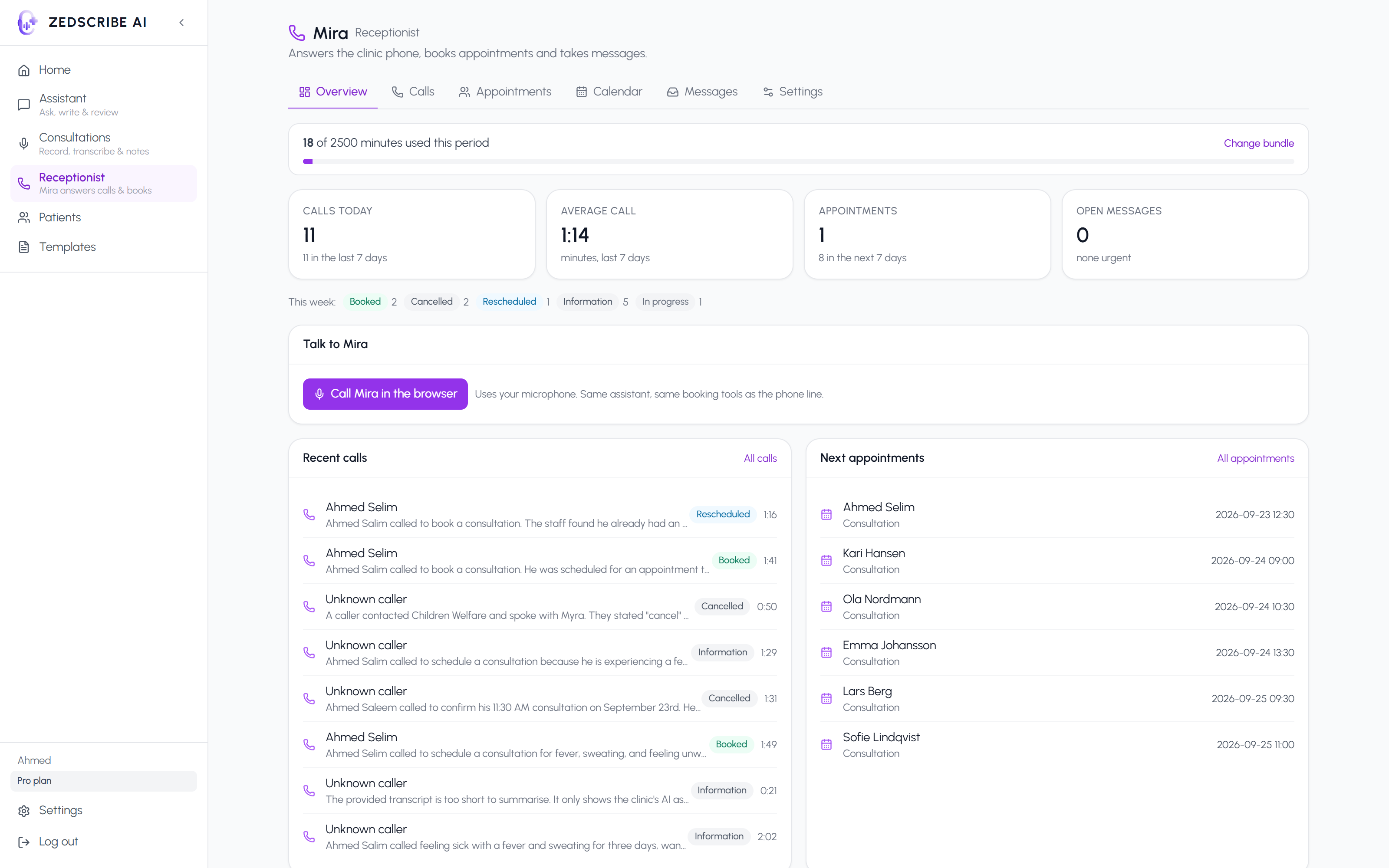 Mira receptionist overview with calls and next appointments