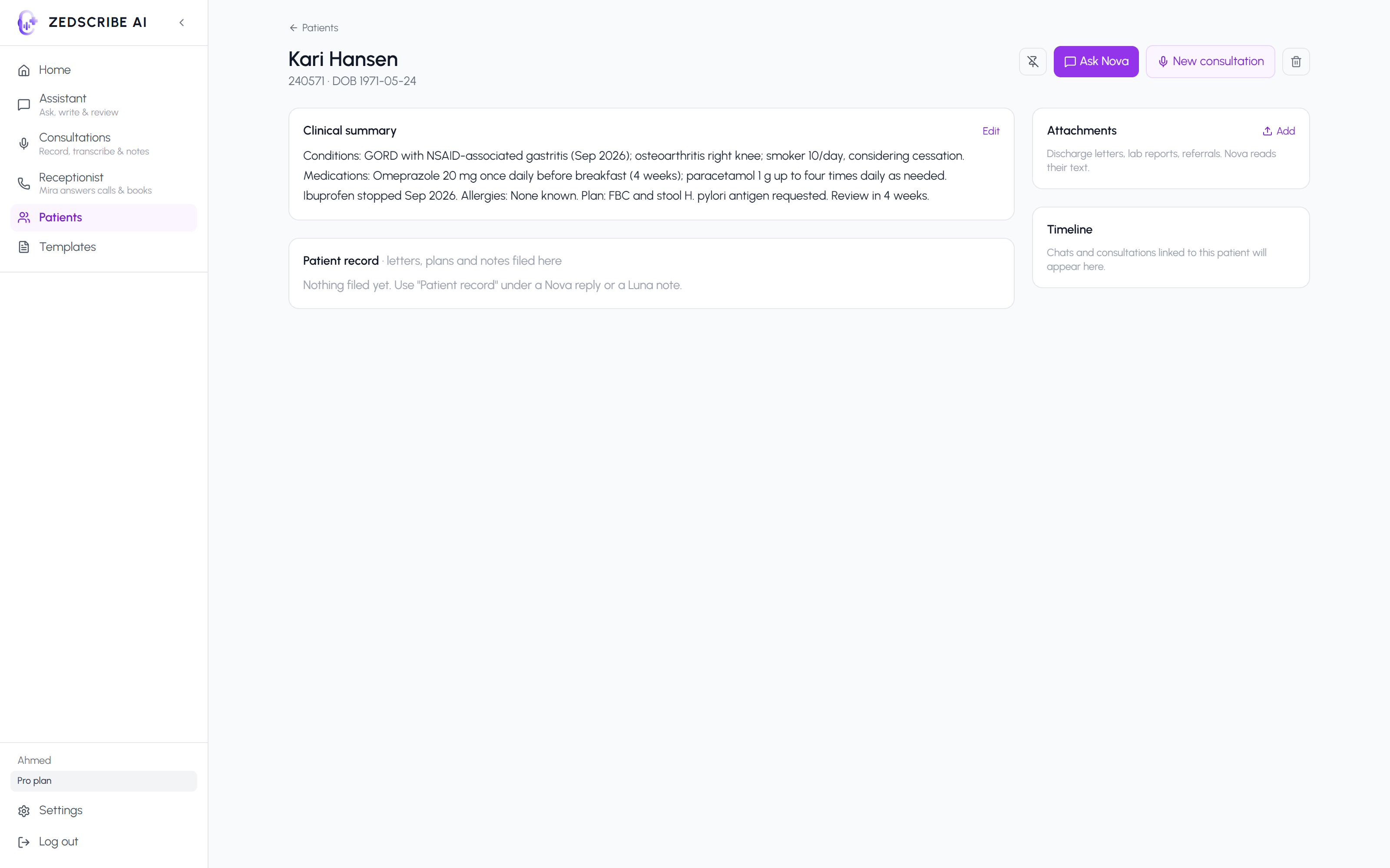 Patient record for Kari Hansen with clinical summary, attachments and timeline