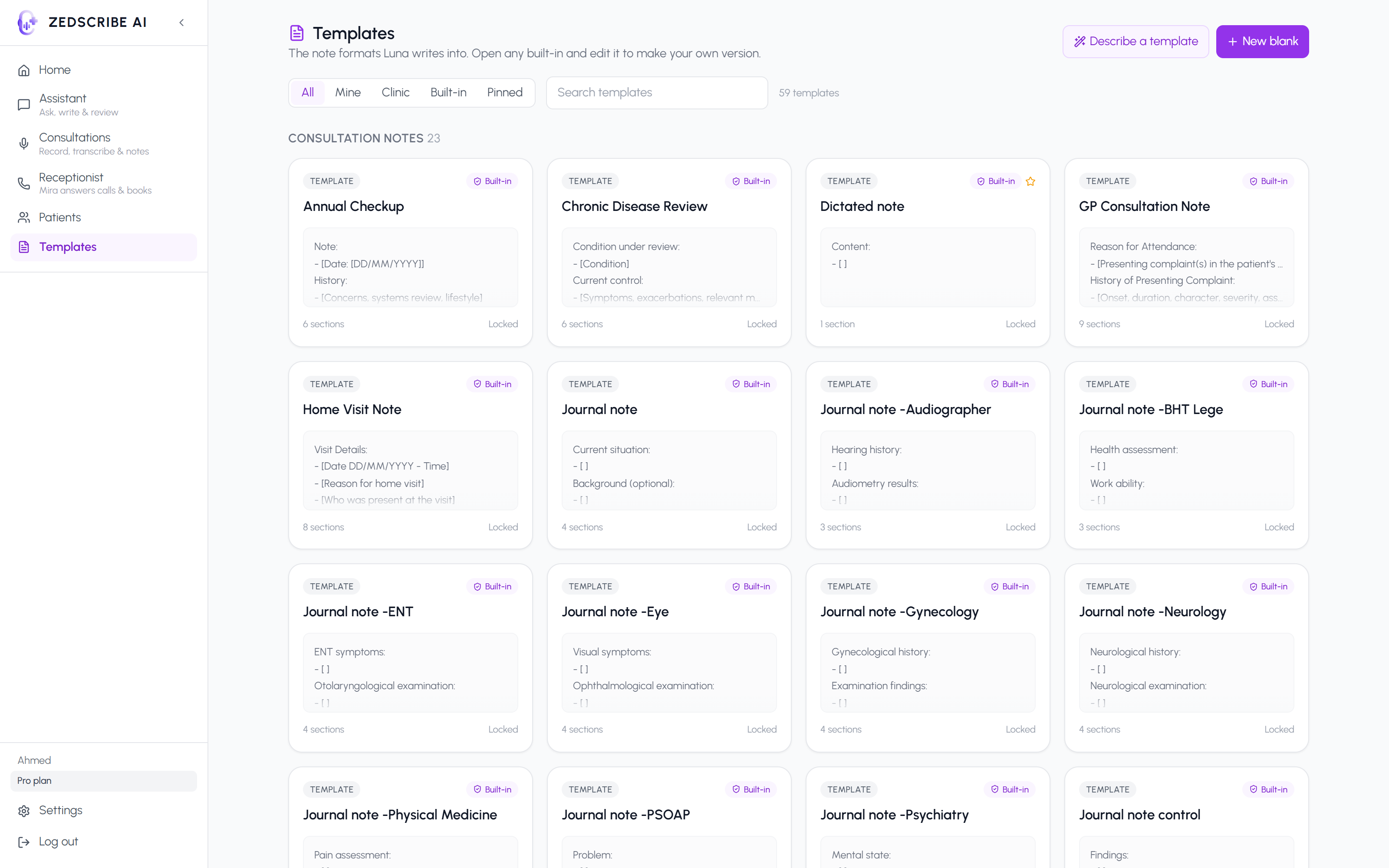 Template library with specialty note formats